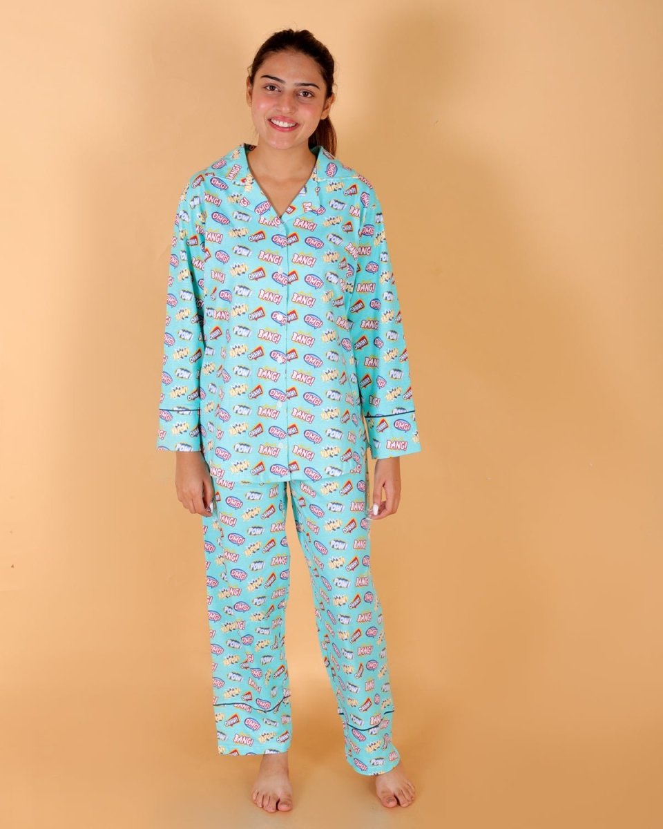 Mighty Fighter Blue Cotton Matching Pajama Set Mom And Baby Twinning Combo Of 2