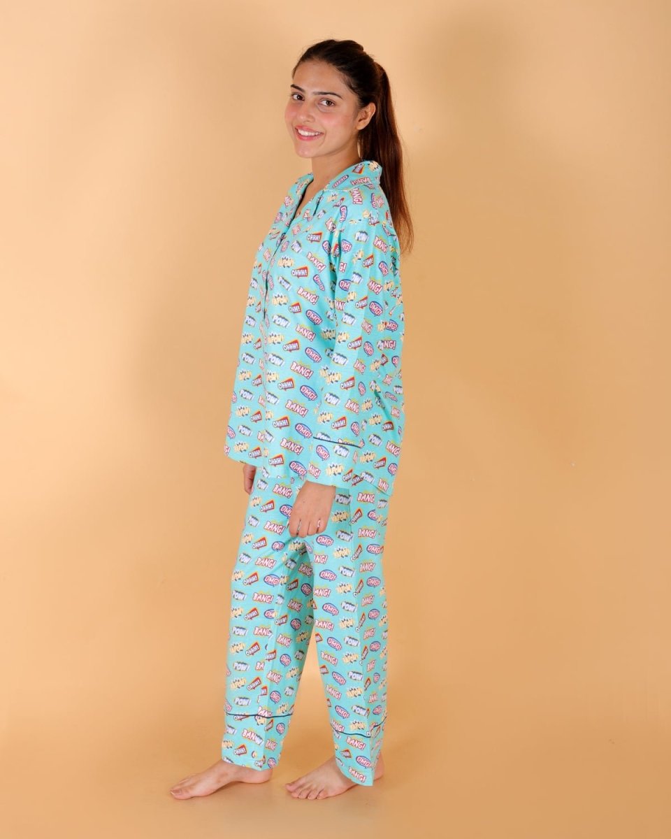 Mighty Fighter Blue Cotton Matching Pajama Set Mom And Baby Twinning Combo Of 2
