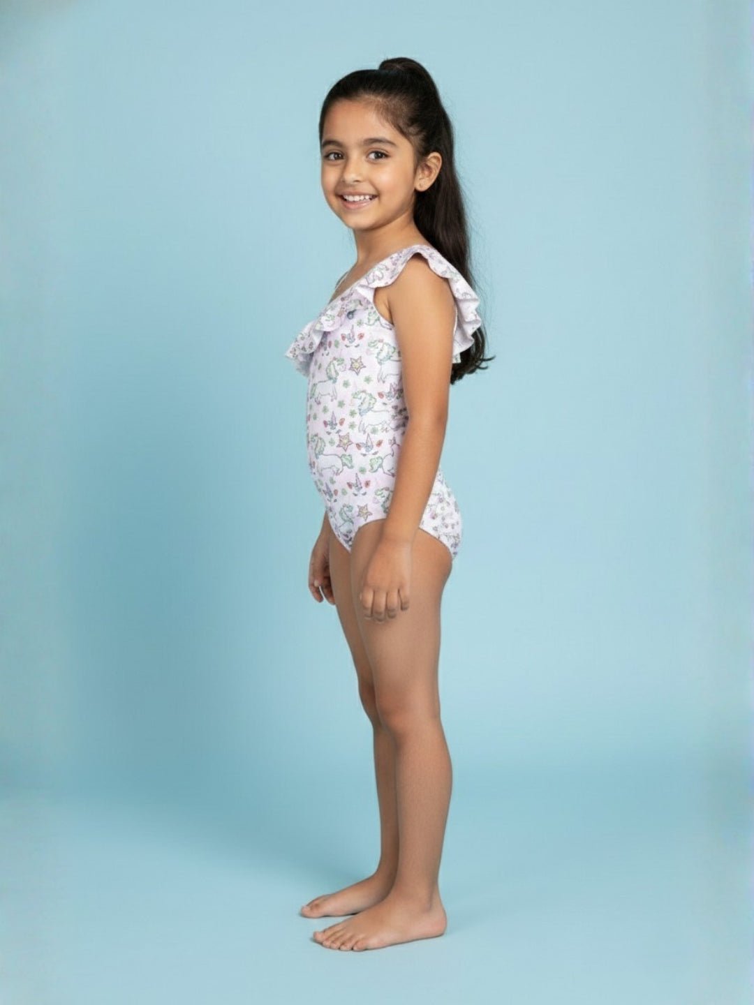 Starry Unicorn Dreams Girls Ruffle One Shoulder Swimsuit
