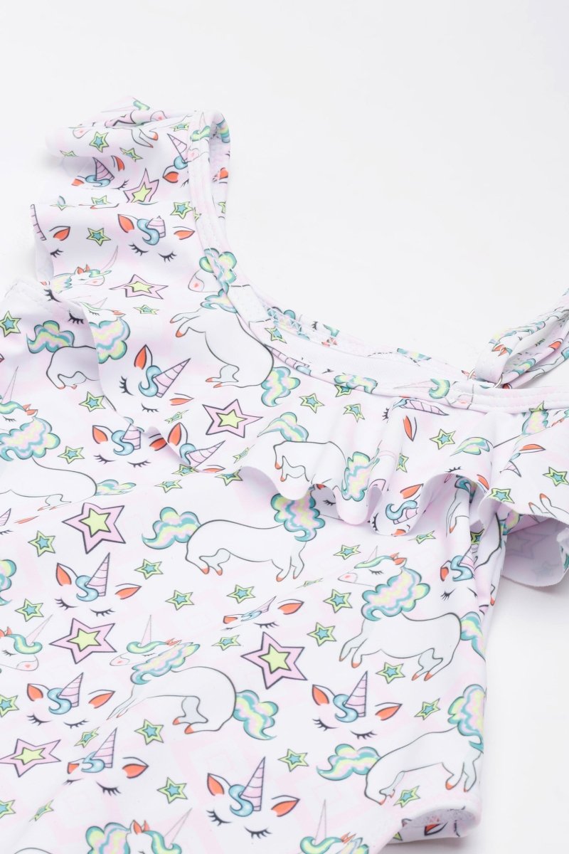 Starry Unicorn Dreams Girls Ruffle One Shoulder Swimsuit