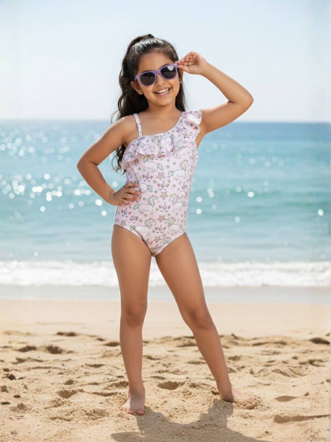 Starry Unicorn Dreams Girls Ruffle One Shoulder Swimsuit