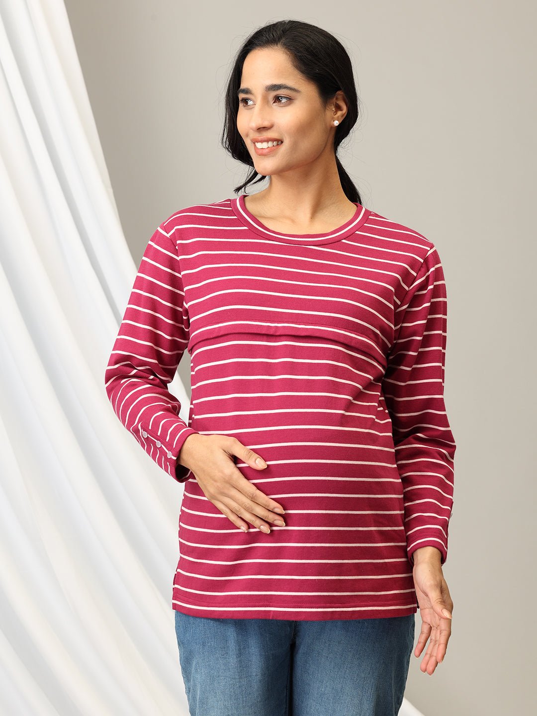 Stripe It Rich Maternity and Nursing Sweatshirt Blue