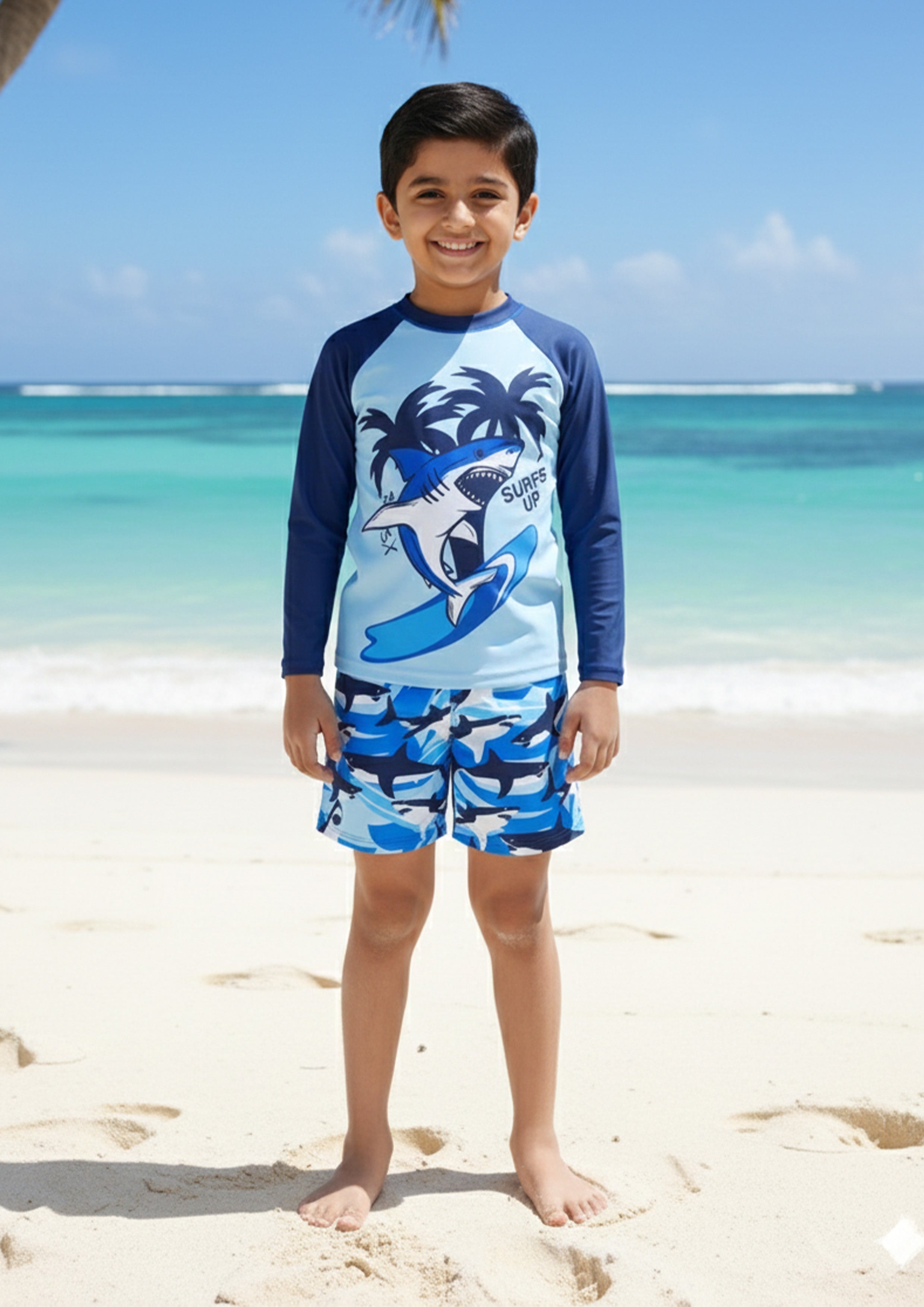 SubMarine Surfer Shark Print Boys Swimsuit Set