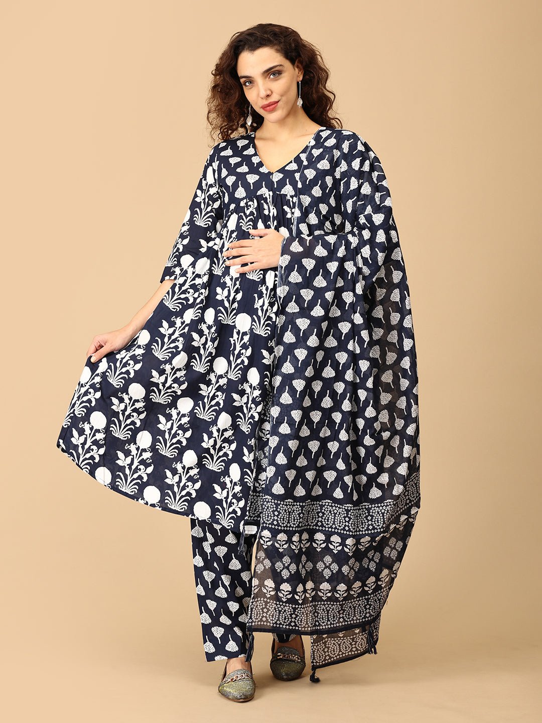 Taal Tarang Maternity and Nursing Kurta Set Navy Blue