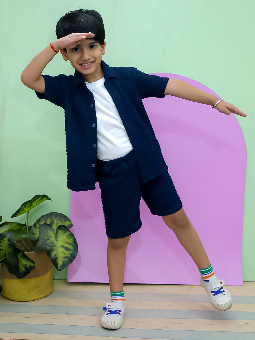 Teal Glam Print Half Sleeve Cotton Co-ord Set For Boys