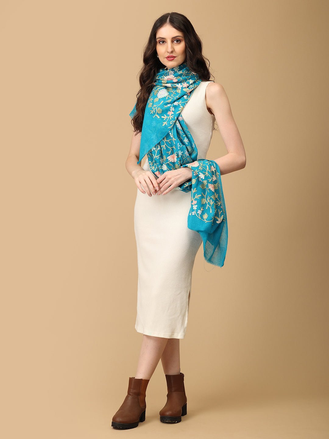 Teal & Petals Fine Wool Embroidered Stole Teal