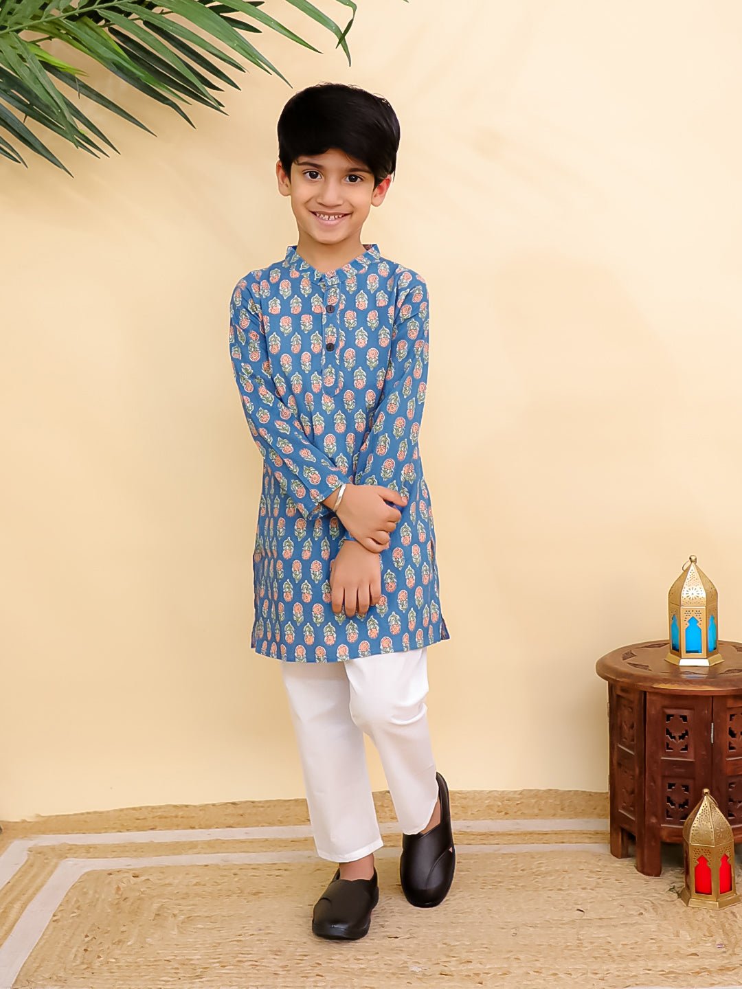 Teal Tango Print Boys Kurta Pajama Set