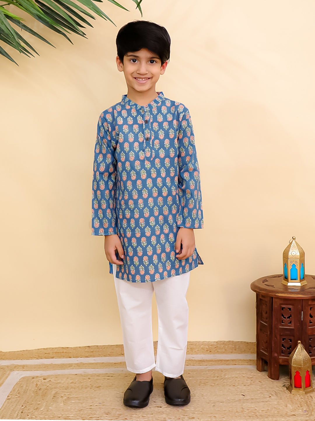 Teal Tango Print Boys Kurta Pajama Set