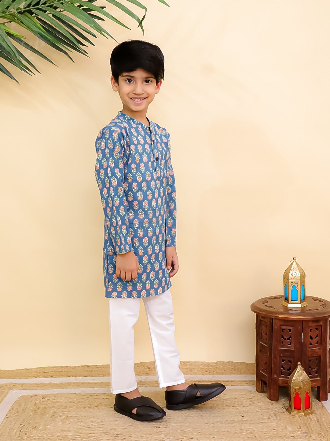 Teal Tango Print Boys Kurta Pajama Set