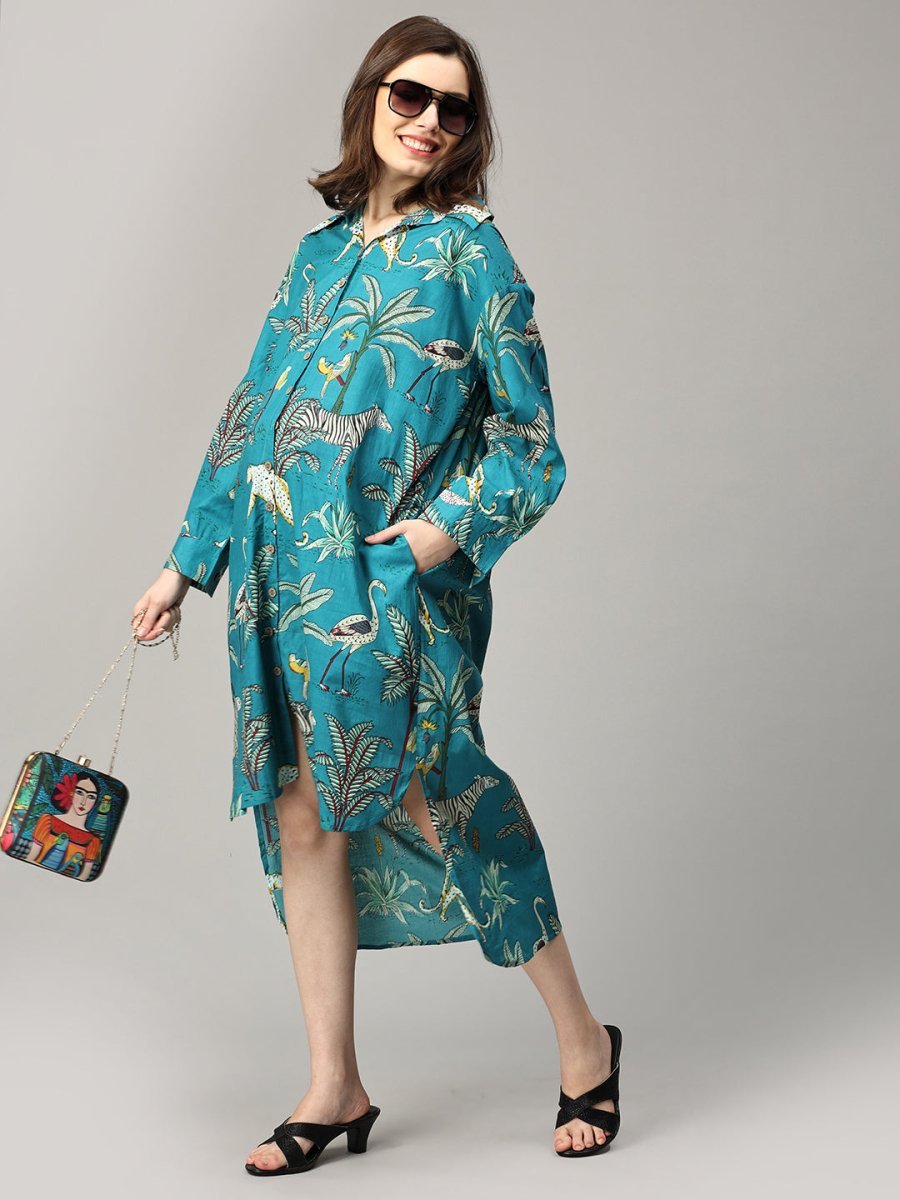 Teal Tropic Safari Maternity and Nursing Oversized Shirt Dress Multi
