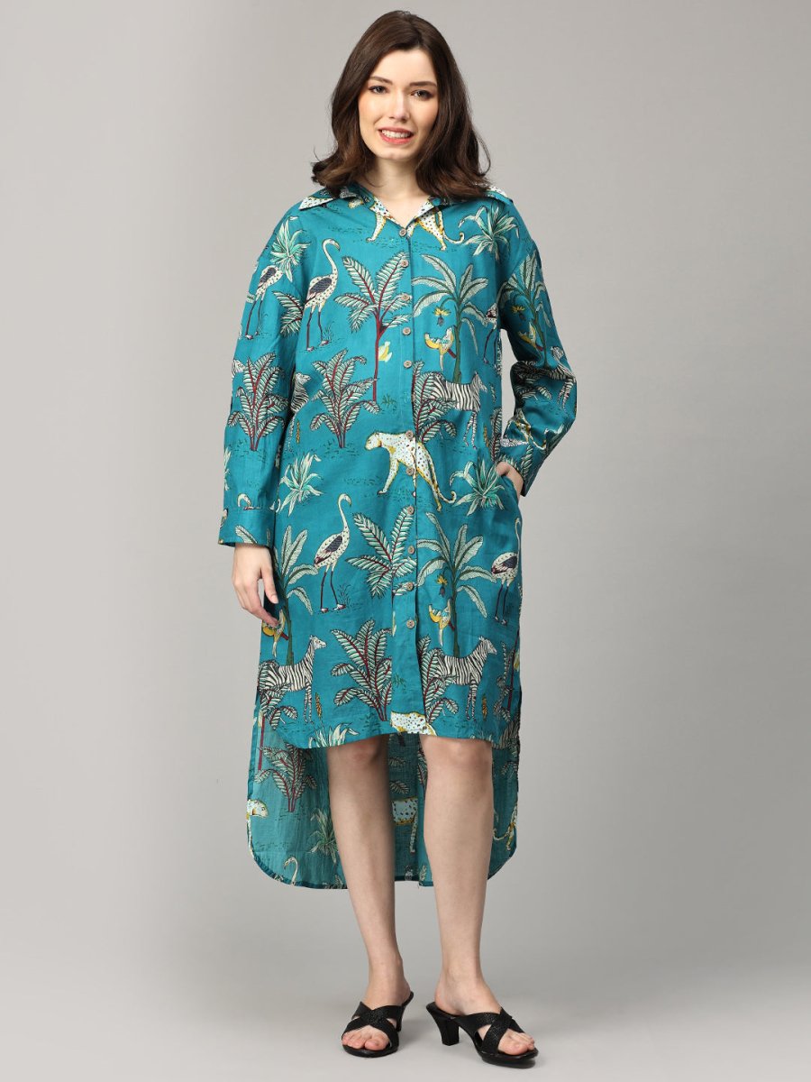 Teal Tropic Safari Maternity and Nursing Oversized Shirt Dress Multi