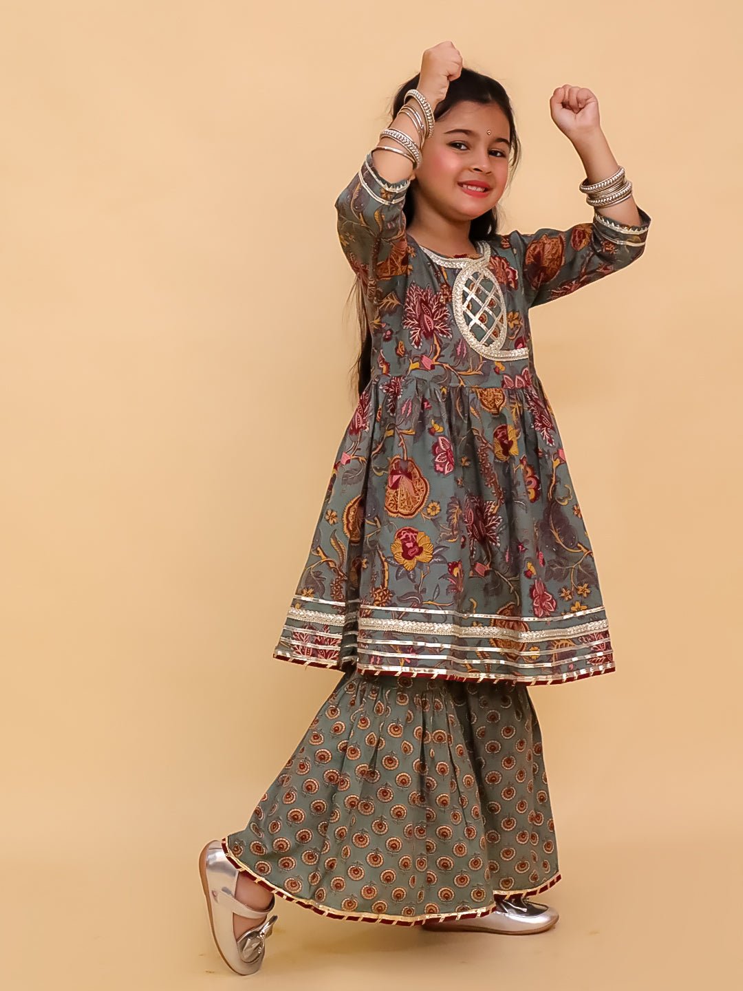 Tealrang Block Print Girls Anarkali Sharara Set
