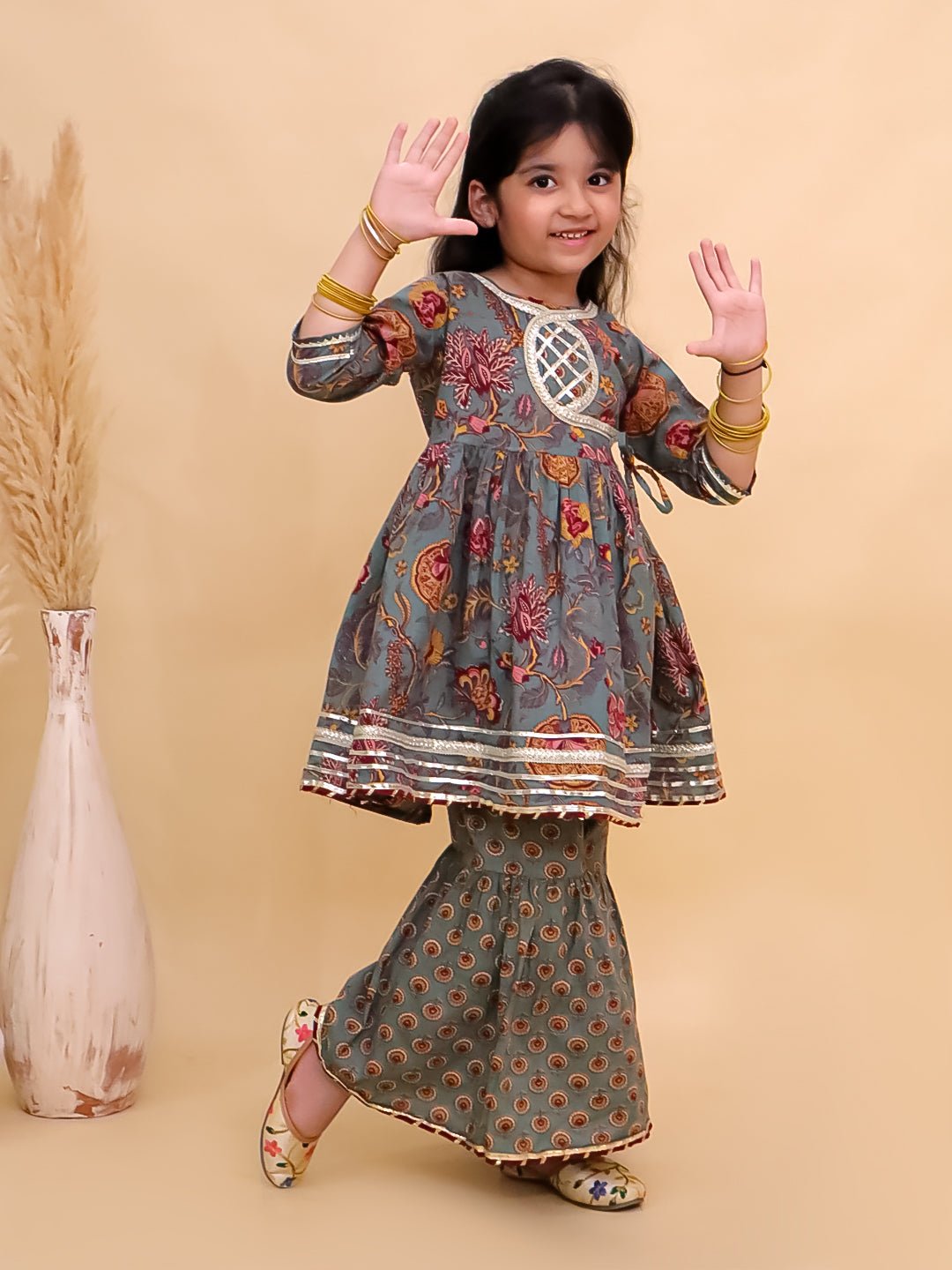 Tealrang Block Print Girls Anarkali Sharara Set