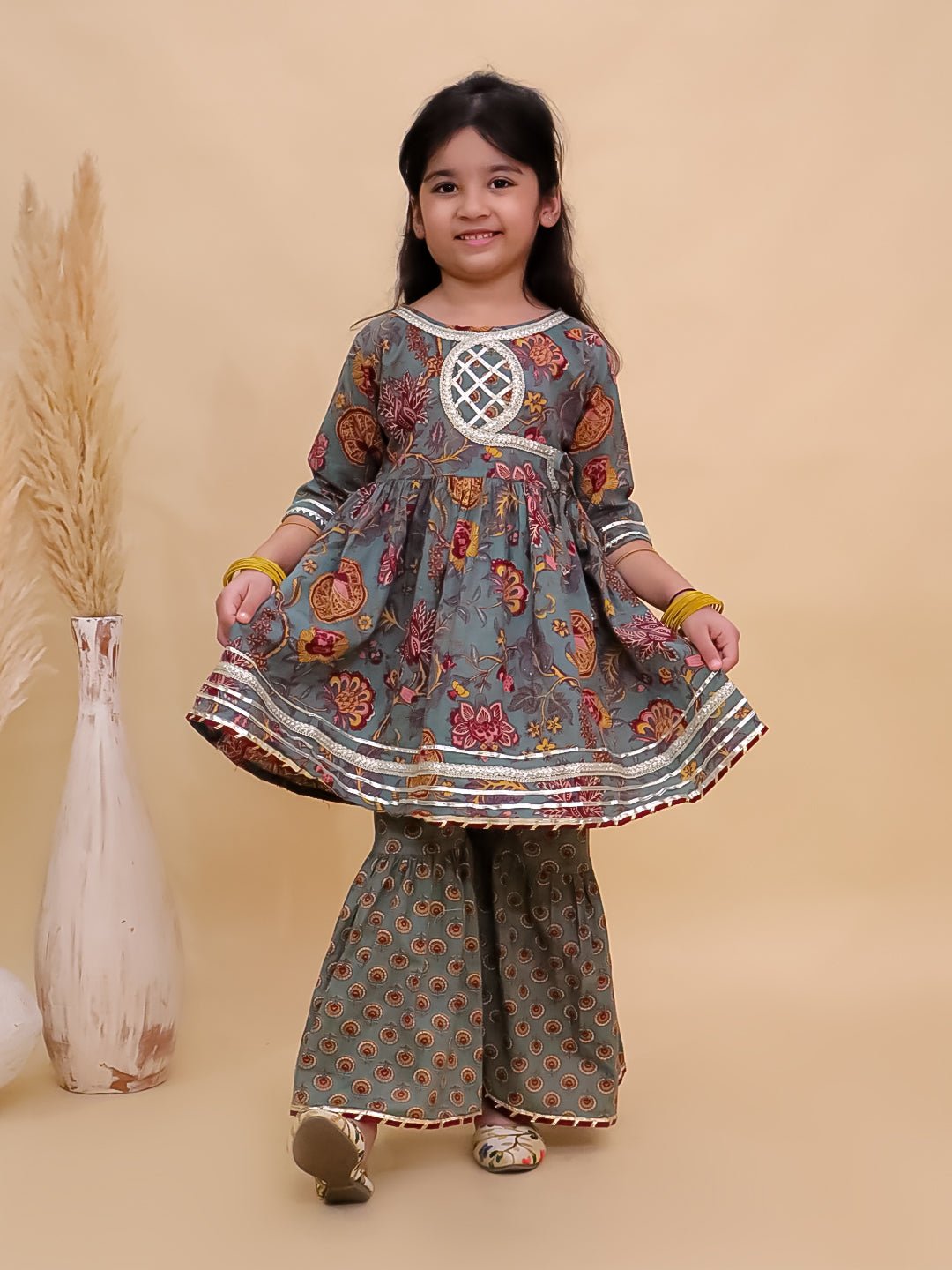 Tealrang Block Print Girls Anarkali Sharara Set