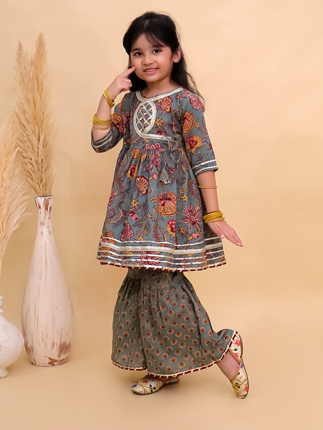 Tealrang Block Print Girls Anarkali Sharara Set