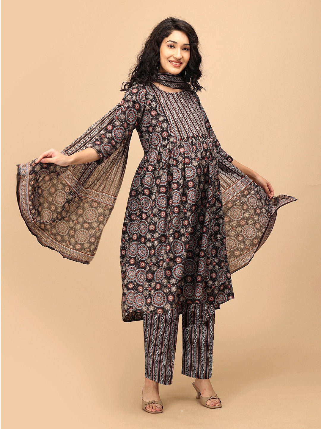 Ajrakh Edit Maternity and Nursing Kurta Set Black