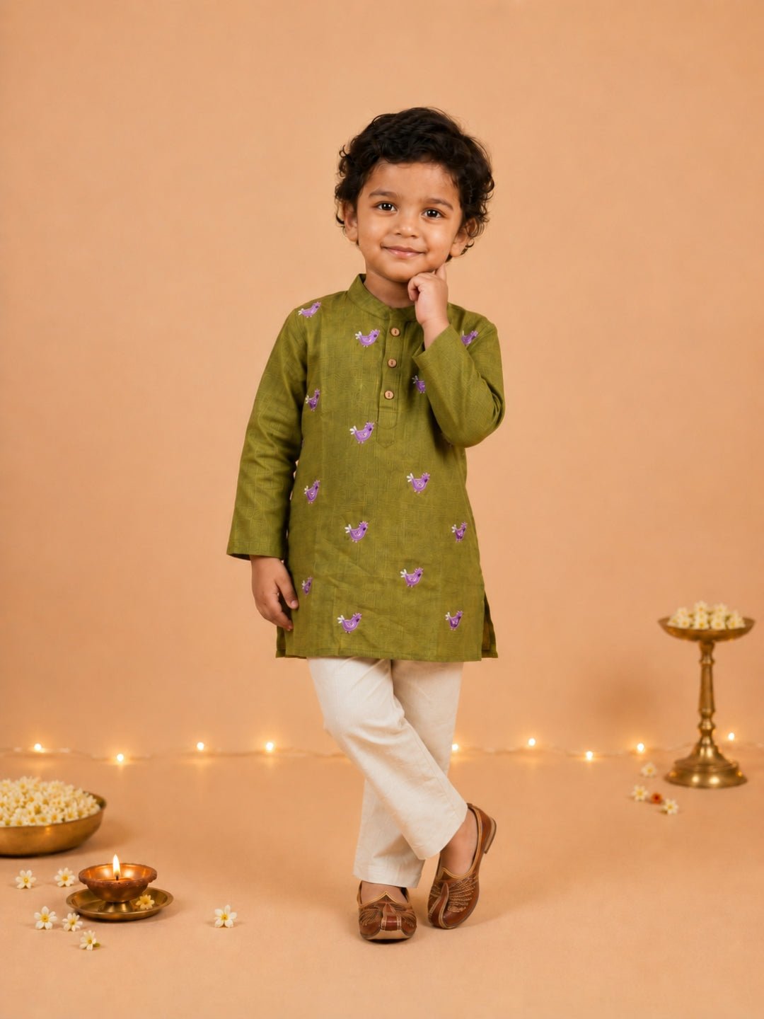 Tropical Tweet Green Boys Embroidered Kurta Pajama Set