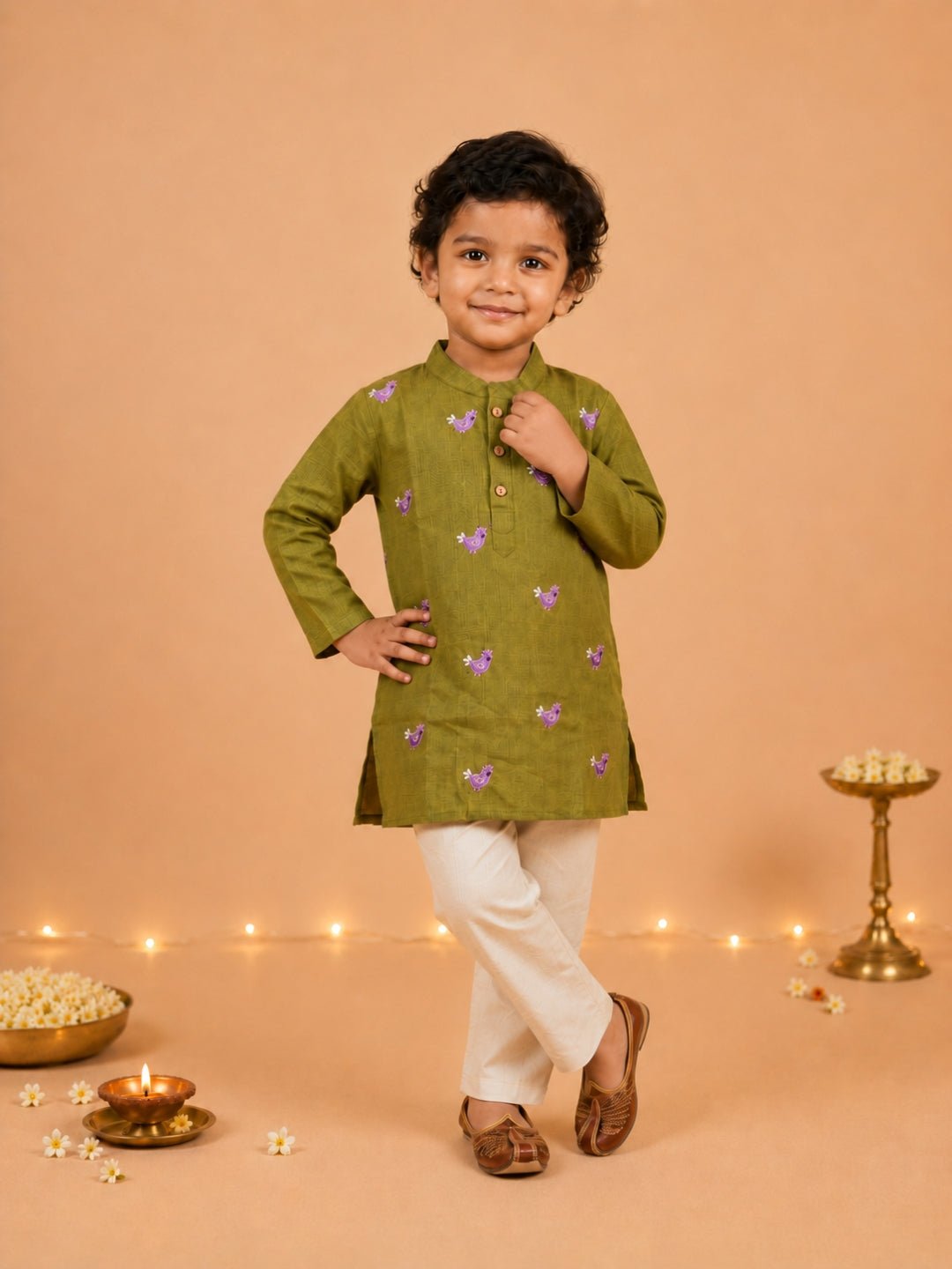 Tropical Tweet Green Boys Embroidered Kurta Pajama Set