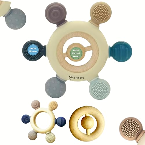 TurtleBee 2 In 1 Silicone And Neem Wood Teething Toy For Infants