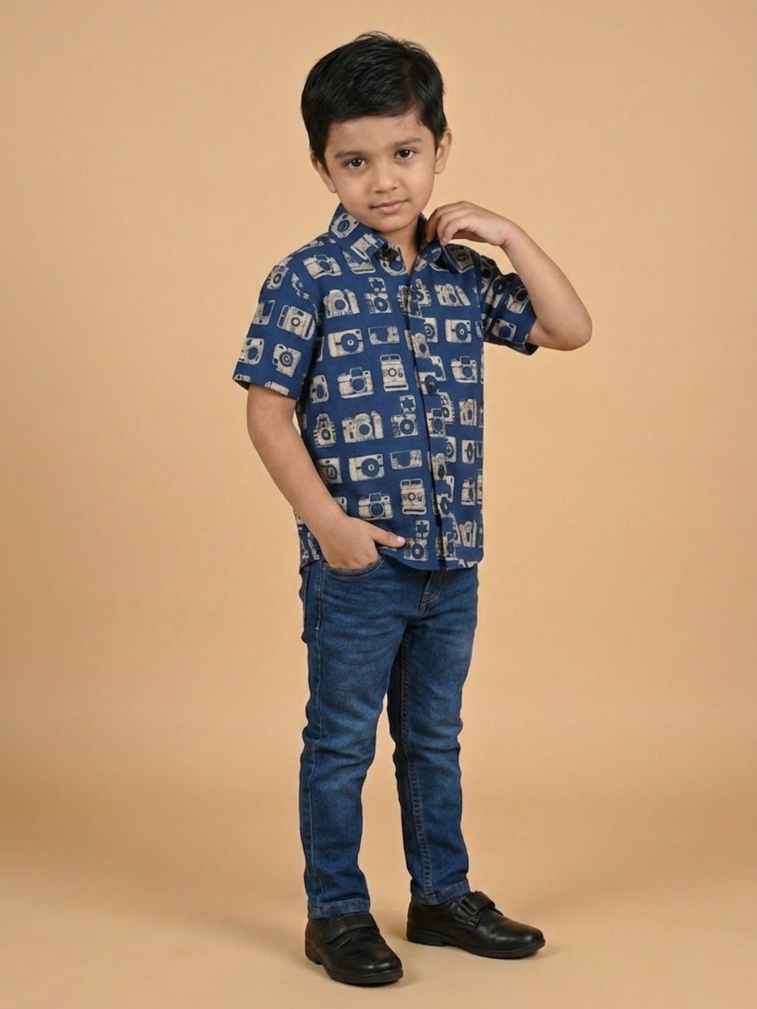 Navy Snap Squad Print Men's And Boy's Shirt Twinning Combo