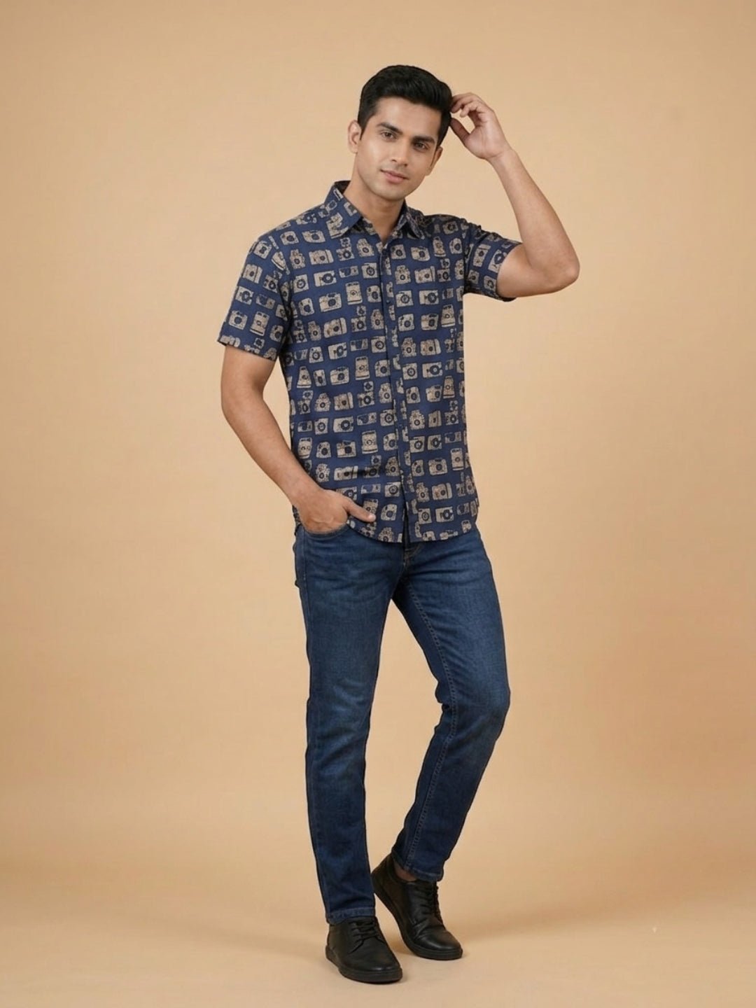 Navy Snap Squad Print Men's And Boy's Shirt Twinning Combo