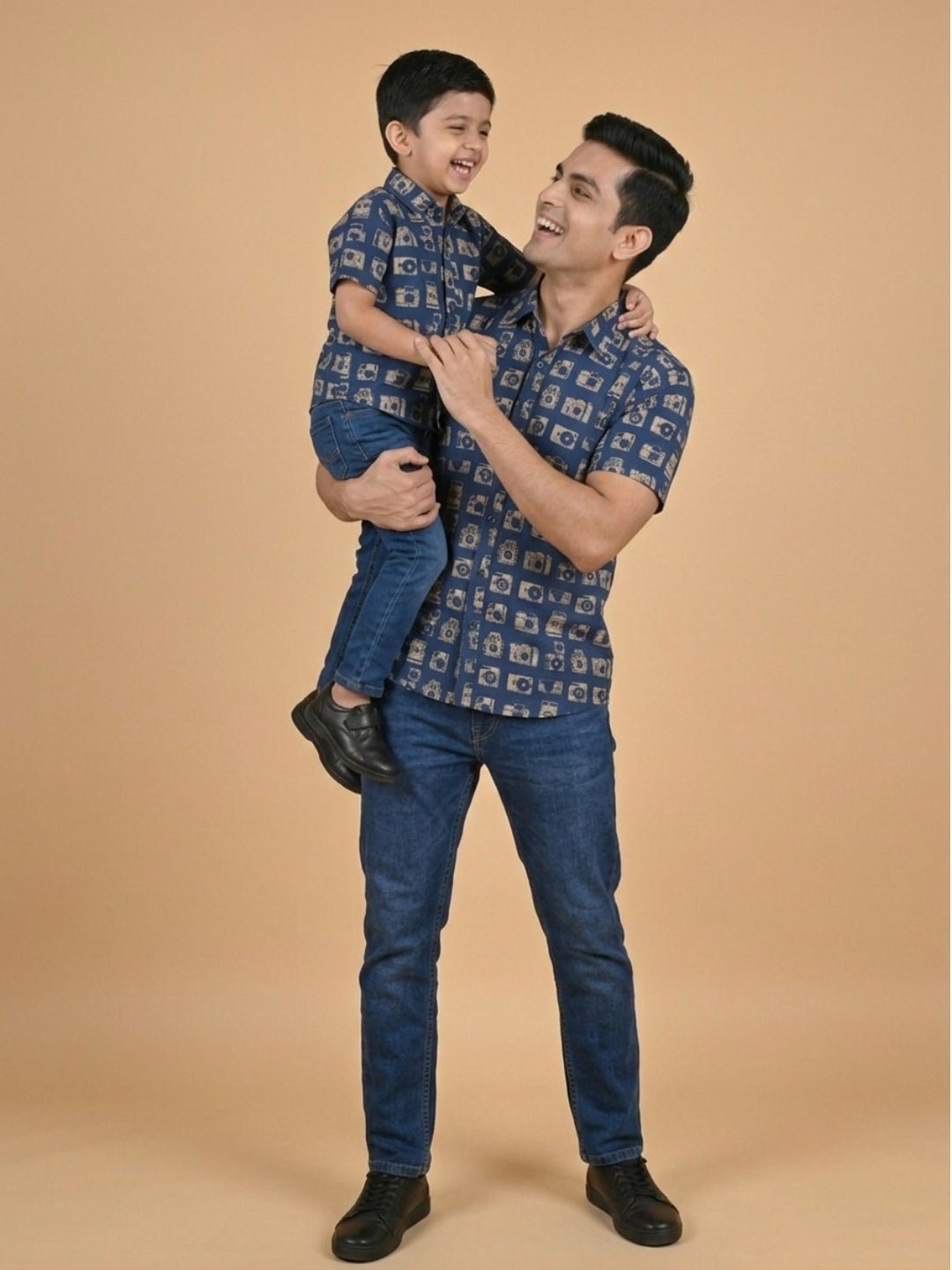 Navy Snap Squad Print Men's And Boy's Shirt Twinning Combo