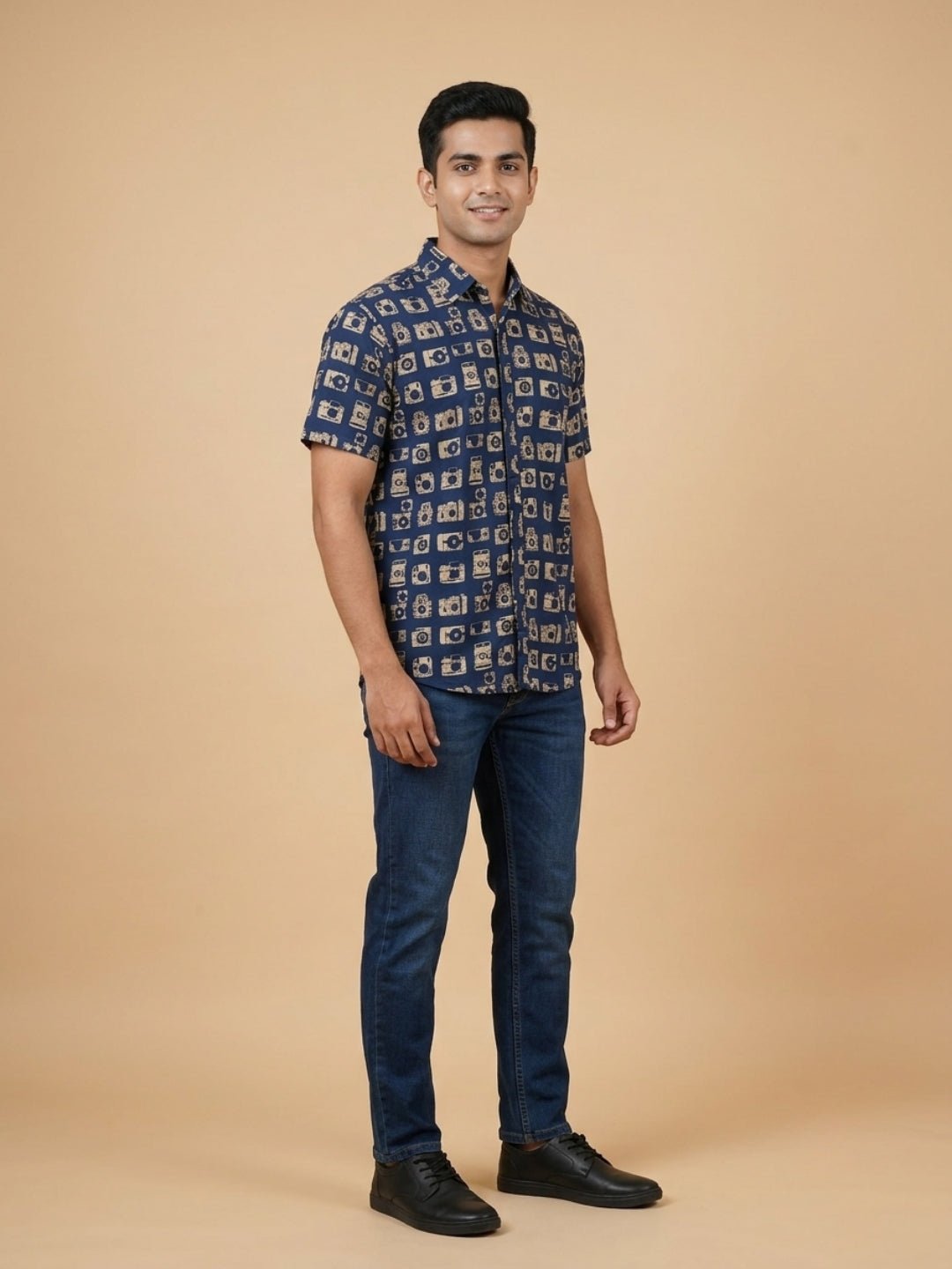 Navy Snap Squad Print Men's And Boy's Shirt Twinning Combo