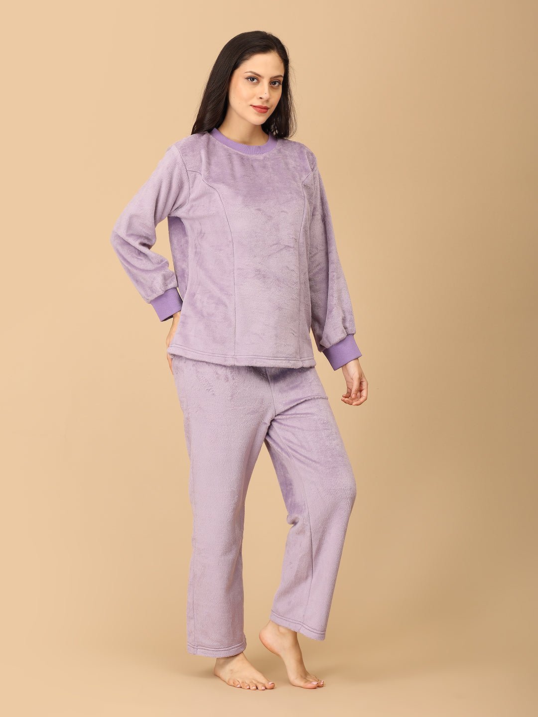 Purple Fluffies Women's And Kid's Fleece Night Suit Twinning Combo Of 2