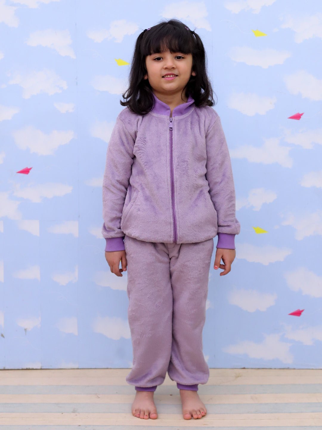 Purple Fluffies Women's And Kid's Fleece Night Suit Twinning Combo Of 2
