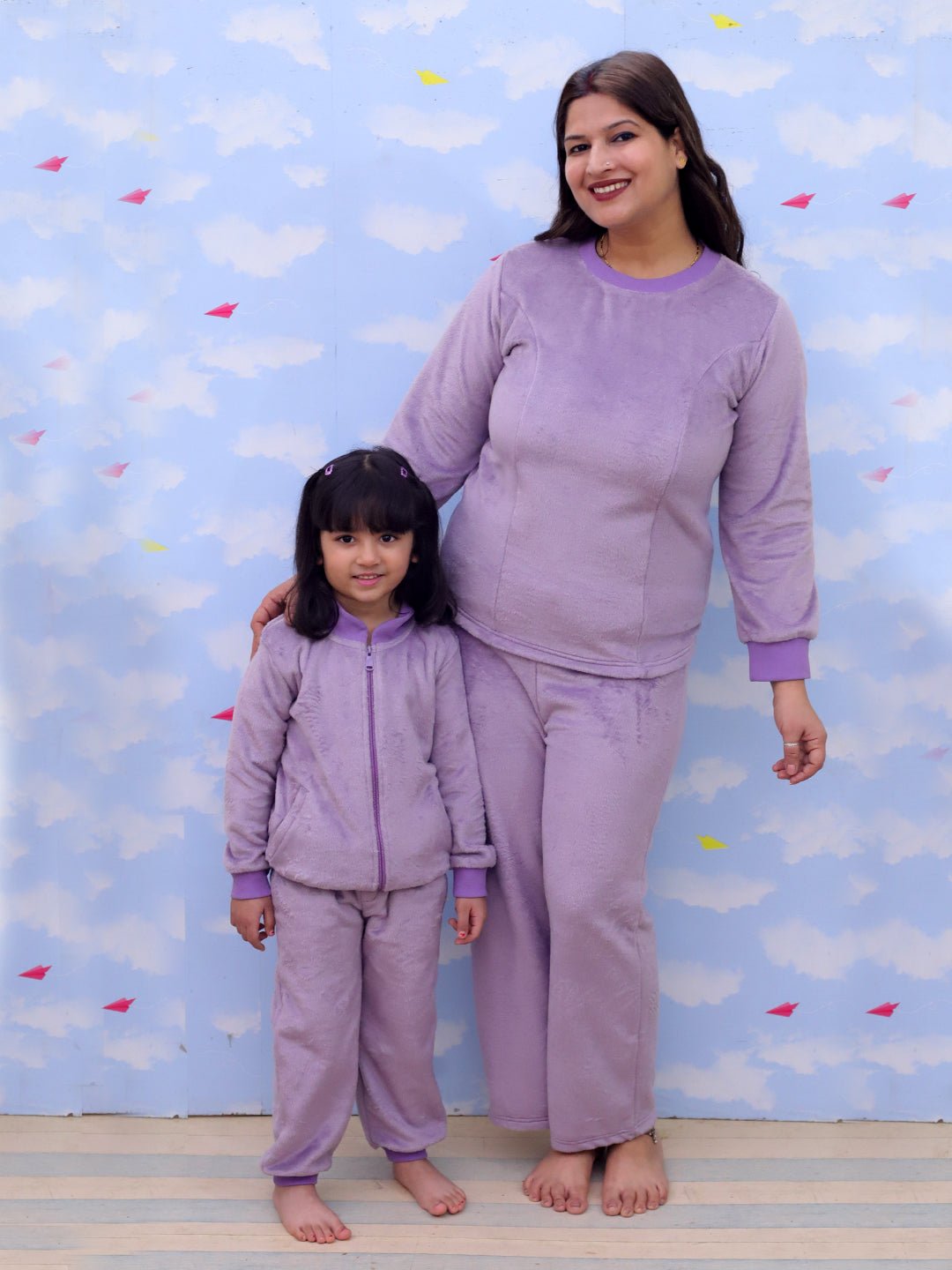 Purple Fluffies Women's And Kid's Fleece Night Suit Twinning Combo Of 2