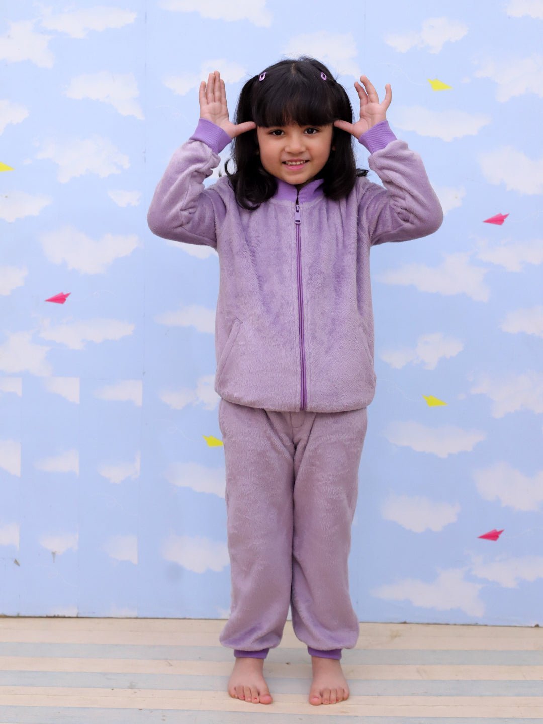 Purple Fluffies Women's And Kid's Fleece Night Suit Twinning Combo Of 2