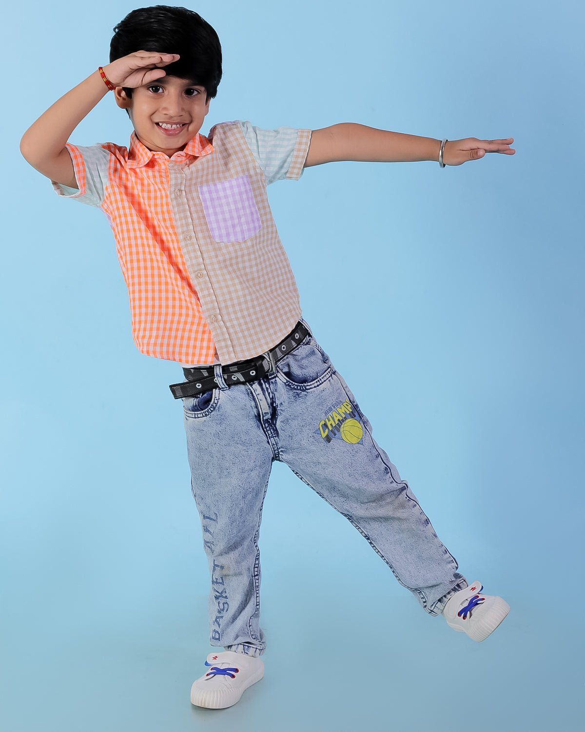 Rainbow Charm Checkered Cotton Matching Boys Shirt And Girls Dress Twinning Combo
