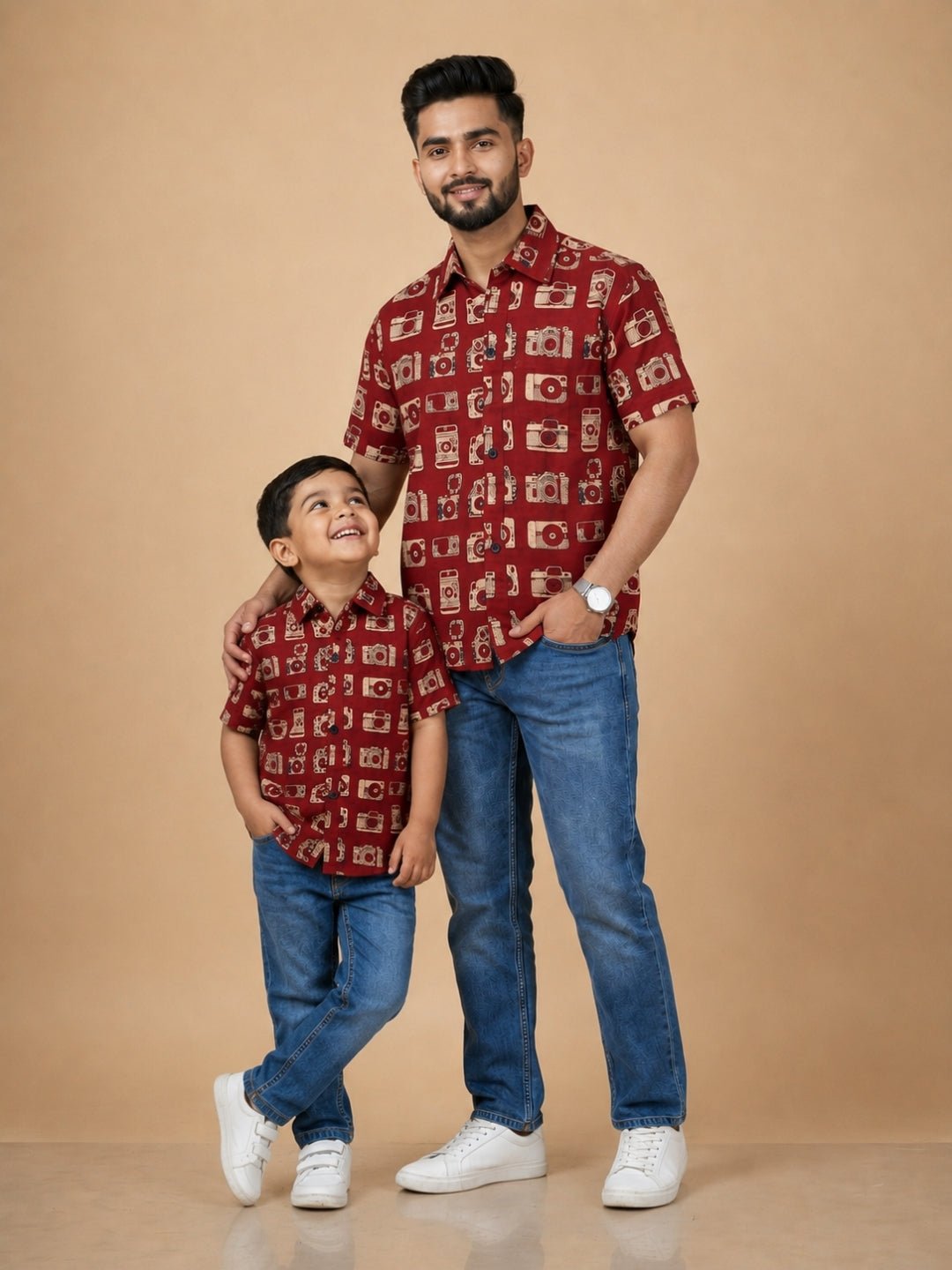 Rust Snap Squad Print Men's And Boy's Shirt Twinning Combo