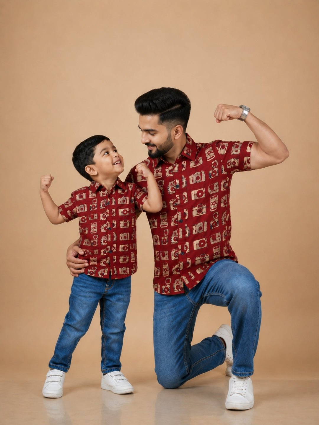 Rust Snap Squad Print Men's And Boy's Shirt Twinning Combo