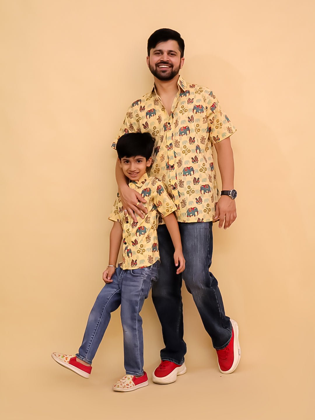 Teal-a-Trunk Elephant Print Men's And Boy's Shirt Twinning Combo