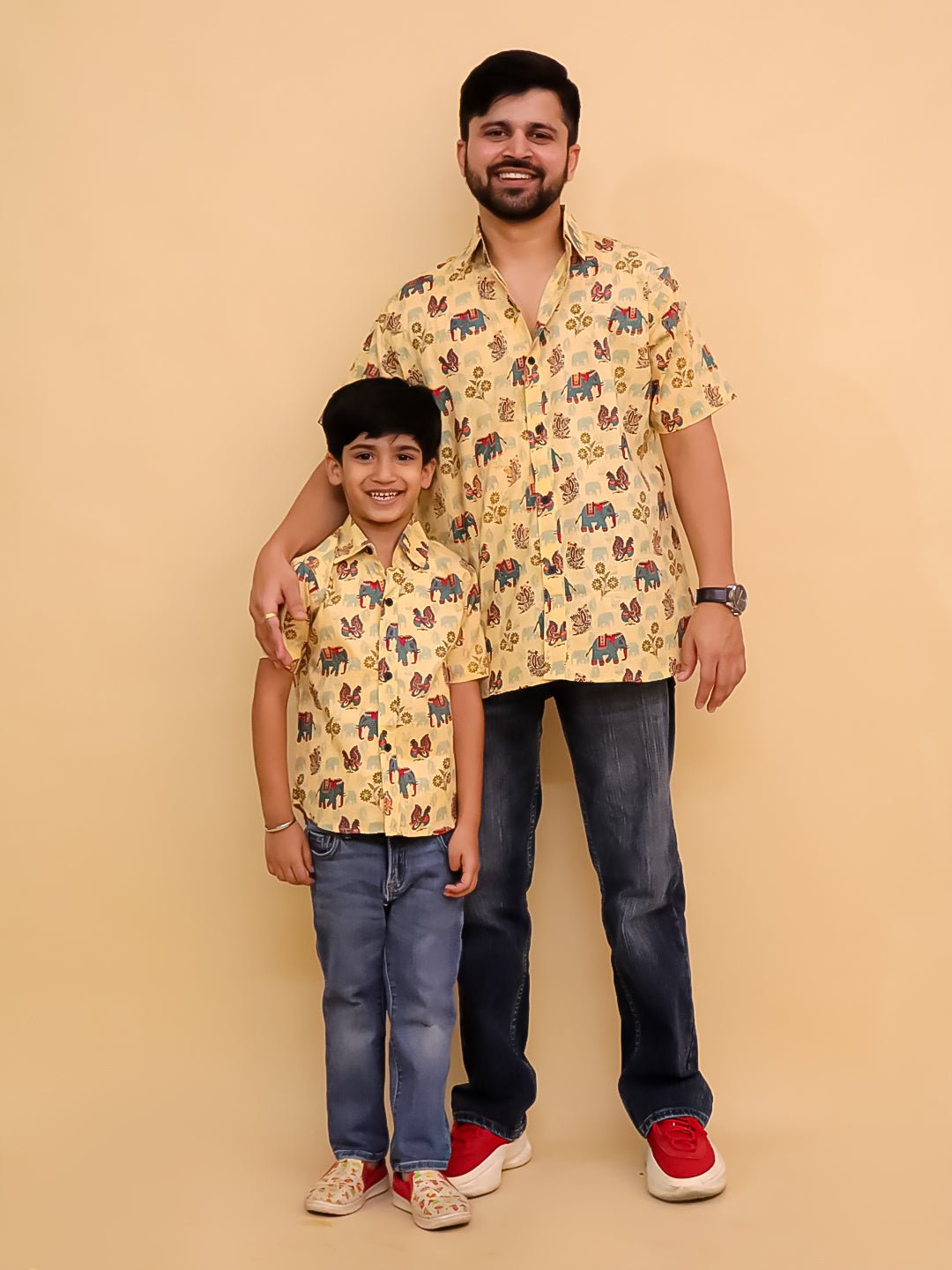 Teal-a-Trunk Elephant Print Men's And Boy's Shirt Twinning Combo