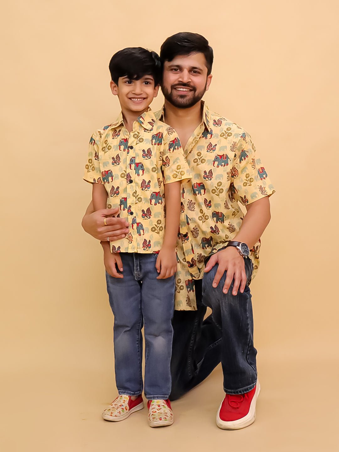 Teal-a-Trunk Elephant Print Men's And Boy's Shirt Twinning Combo