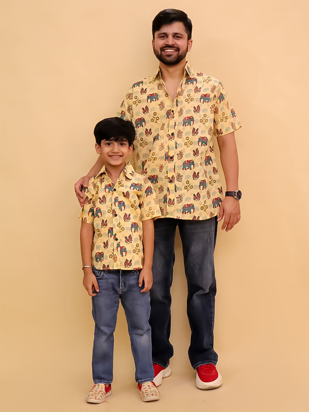 Teal-a-Trunk Elephant Print Men's And Boy's Shirt Twinning Combo