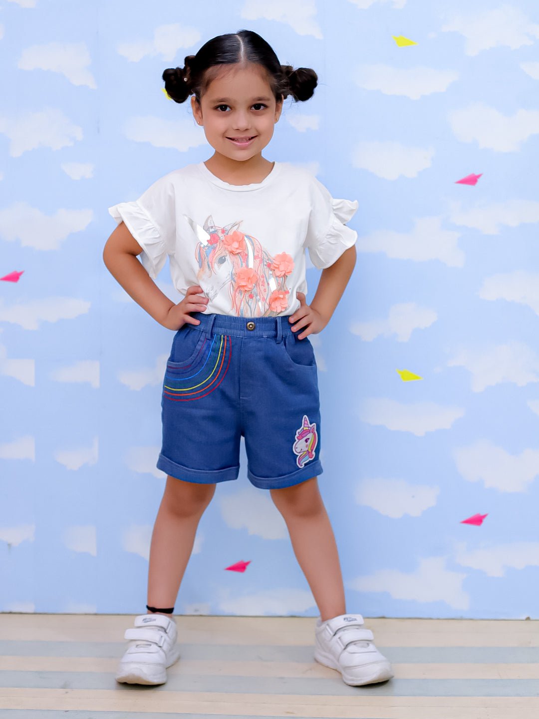 Unicorn Patch Blue Cotton Denim Embroidered Shorts For Girls