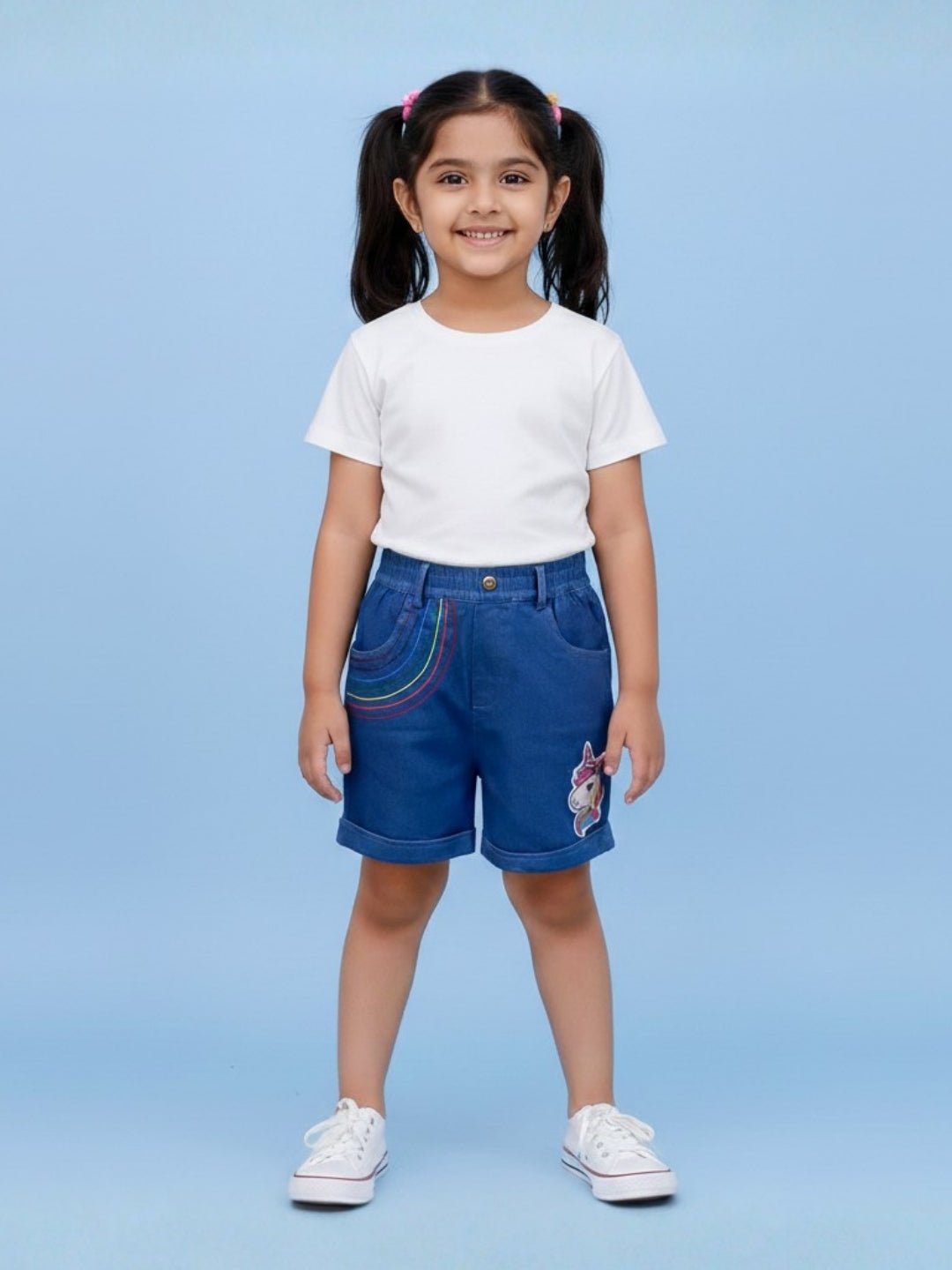 Unicorn Patch Blue Cotton Denim Embroidered Shorts For Girls