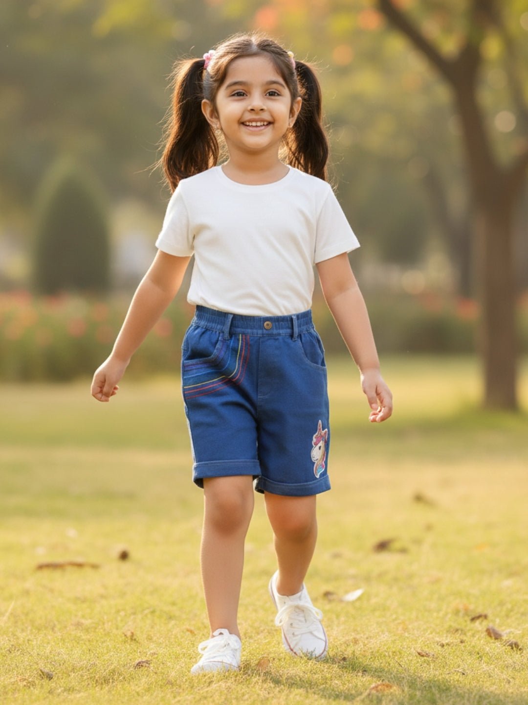 Unicorn Patch Blue Cotton Denim Embroidered Shorts For Girls