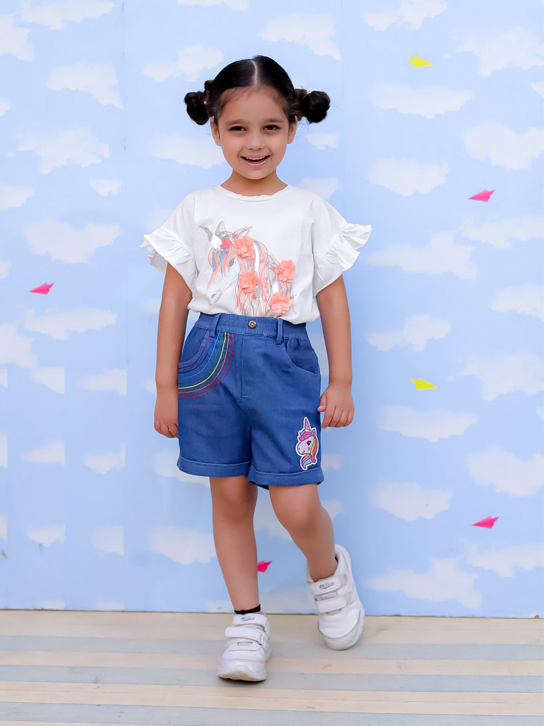 Unicorn Patch Blue Cotton Denim Embroidered Shorts For Girls