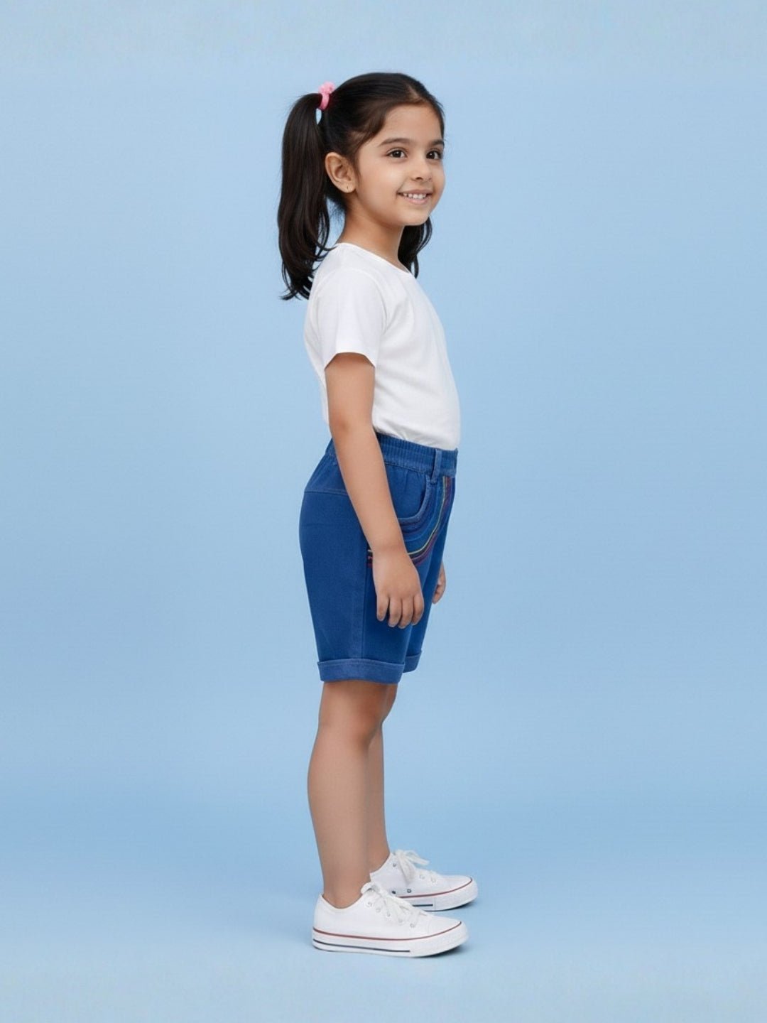 Unicorn Patch Blue Cotton Denim Embroidered Shorts For Girls