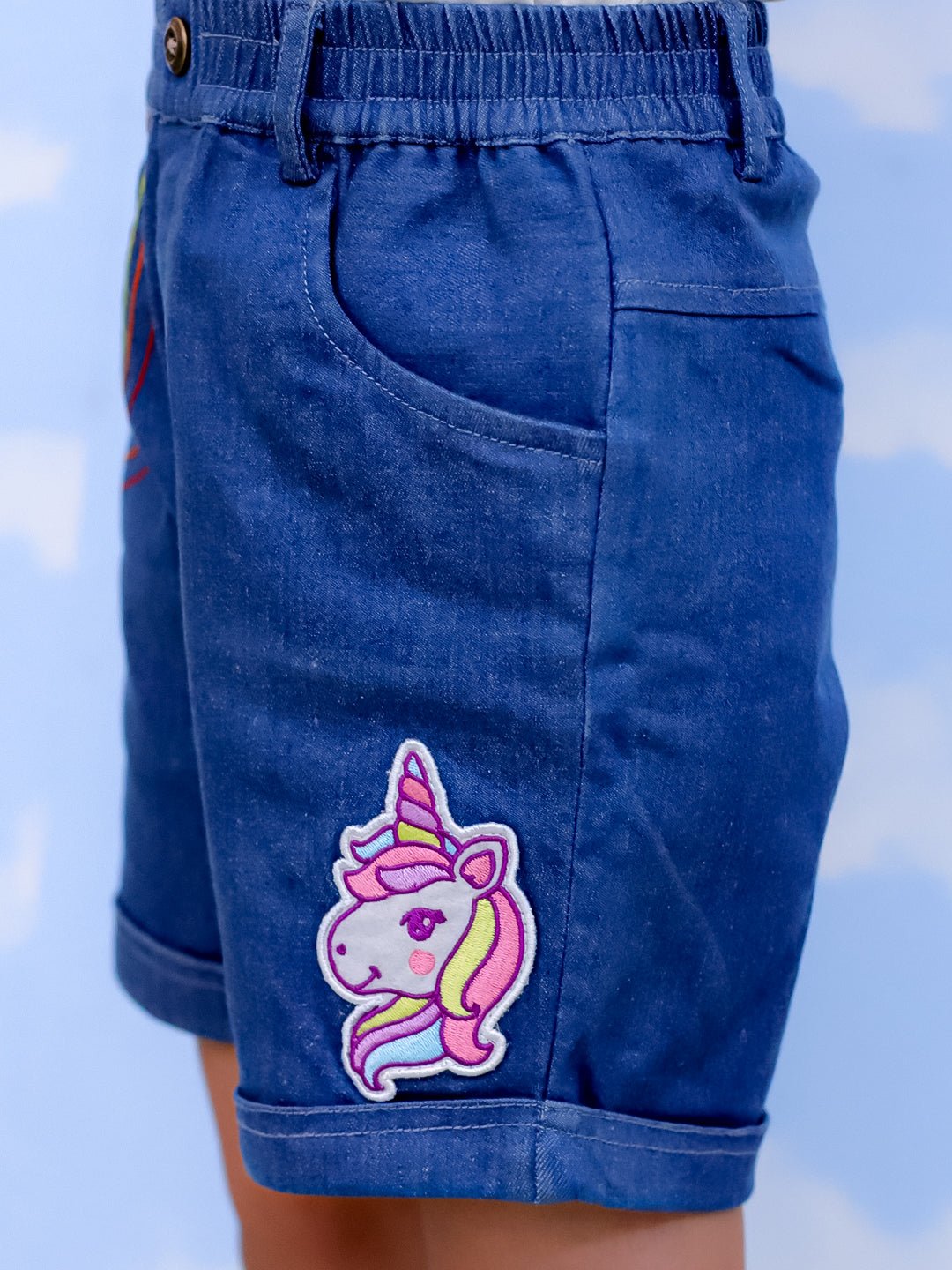Unicorn Patch Blue Cotton Denim Embroidered Shorts For Girls