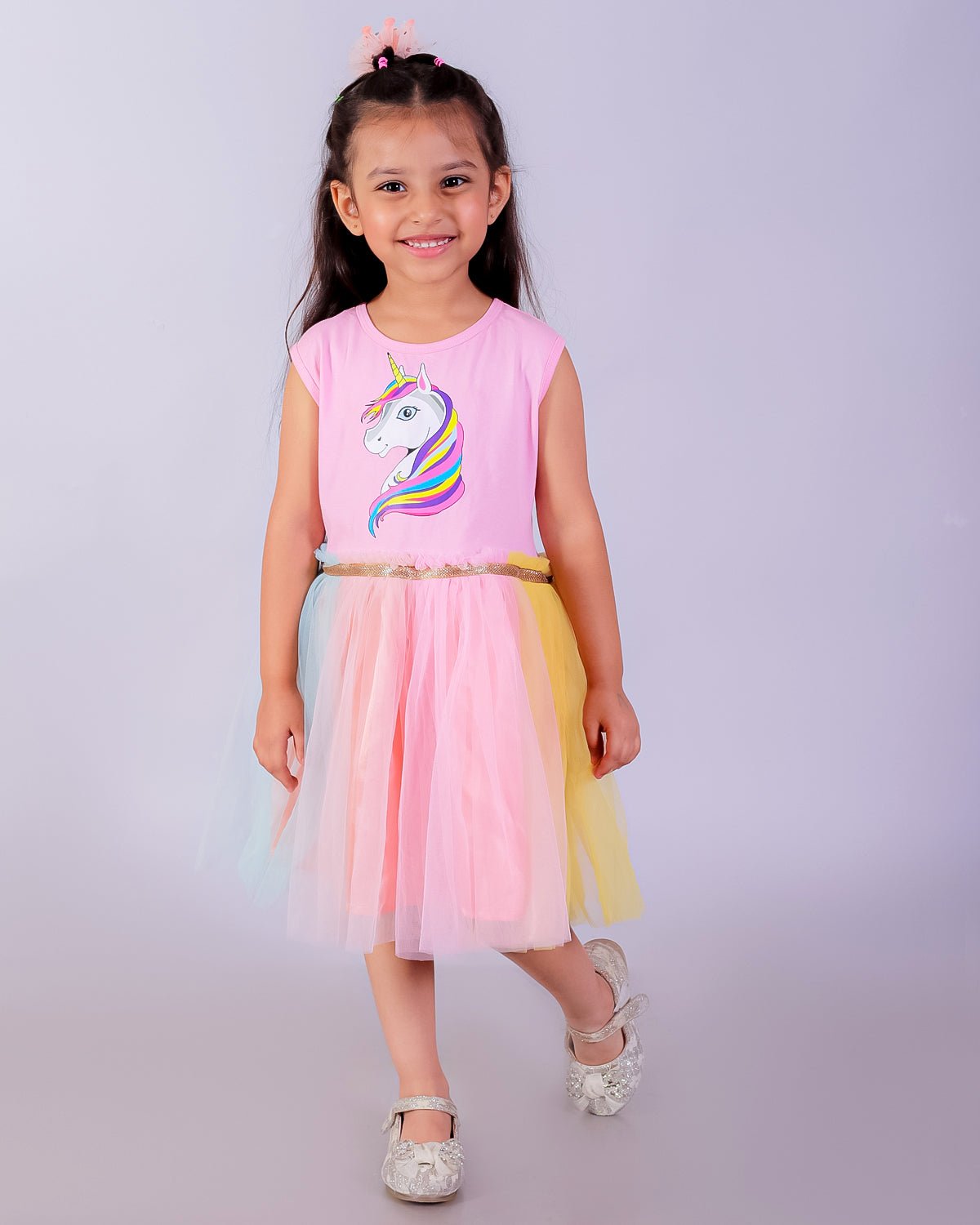 Unicorn Tulle Multi Sleeveless Casual Dress For Girls