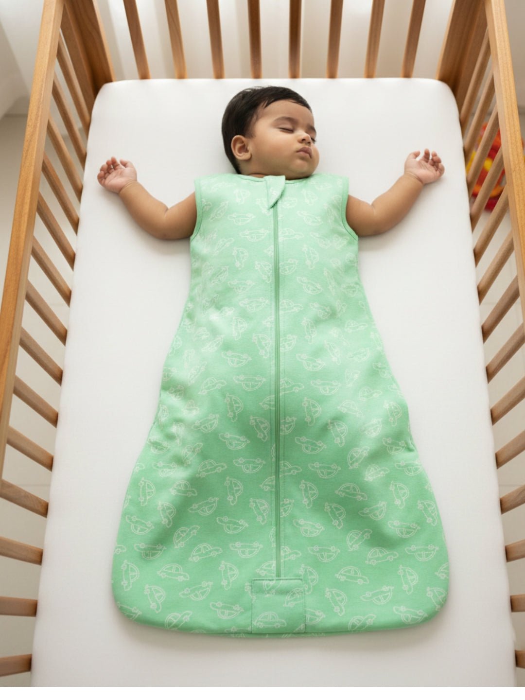 White Vroom Vroom Printed Cotton 2 Way Zipper Sleeping Bag For Kids