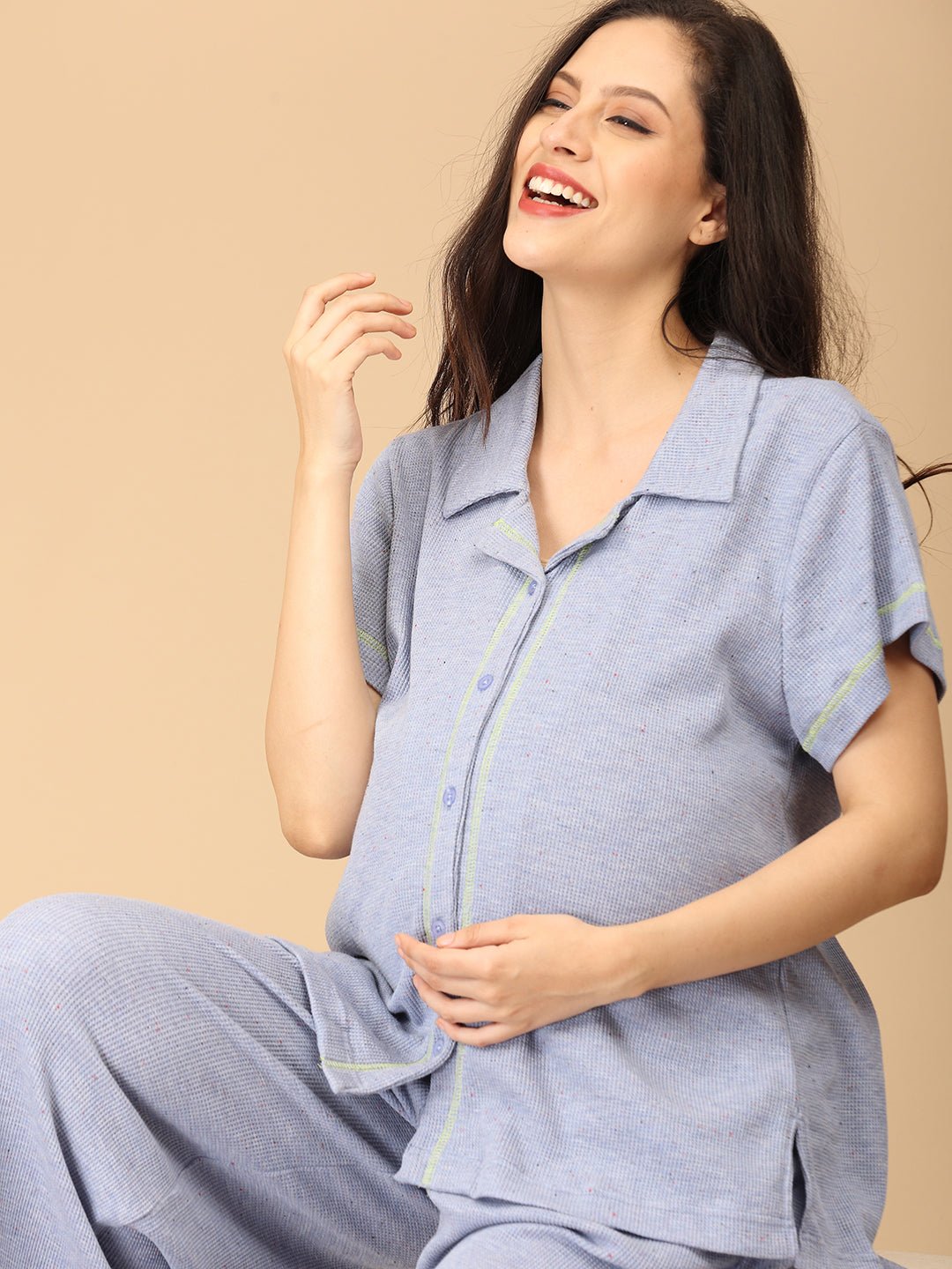 Waffle Cloud Maternity and Nursing Pajama Set Blue