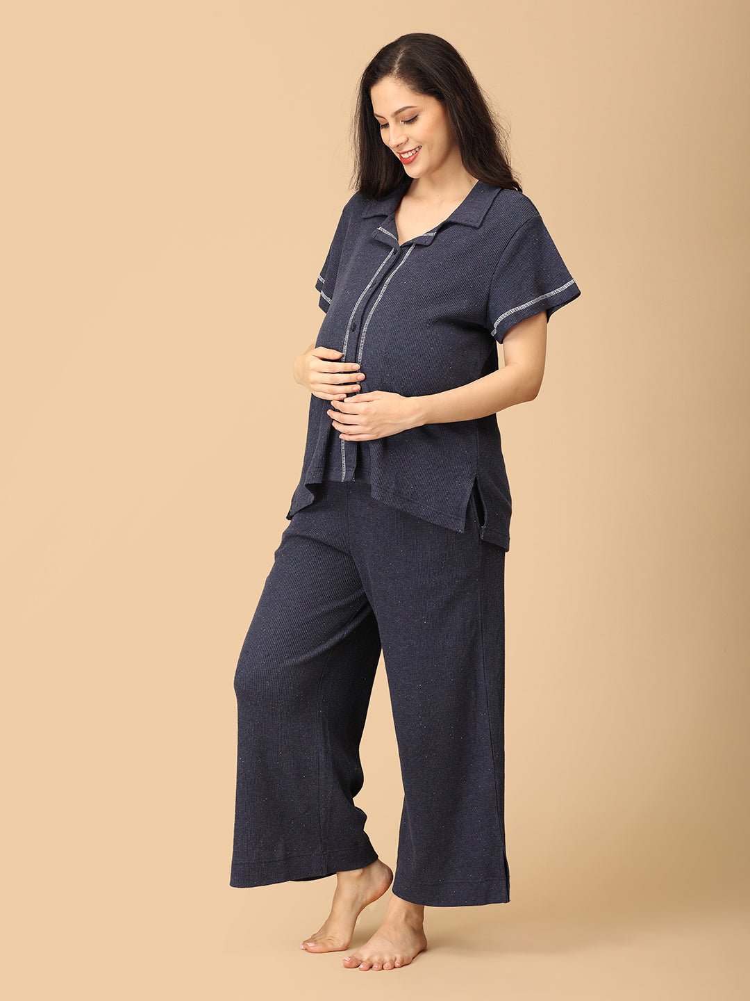 Waffle Walks Maternity and Nursing Pajama Set Navy Blue