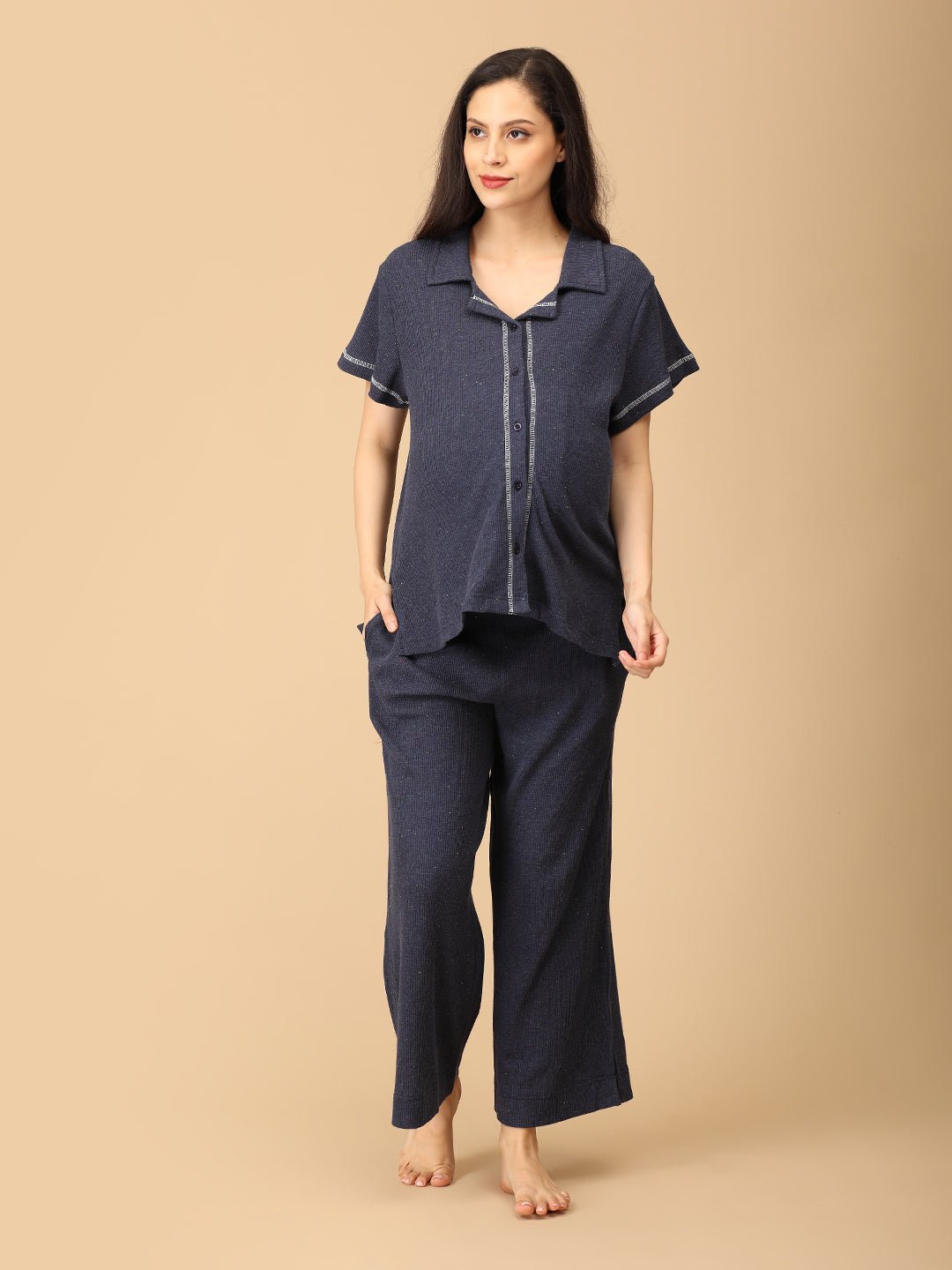 Waffle Walks Maternity and Nursing Pajama Set Navy Blue