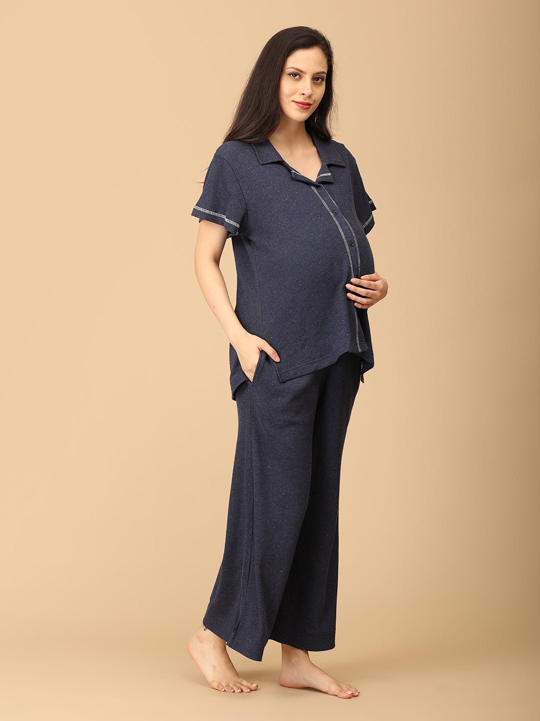 Waffle Walks Maternity and Nursing Pajama Set Navy Blue